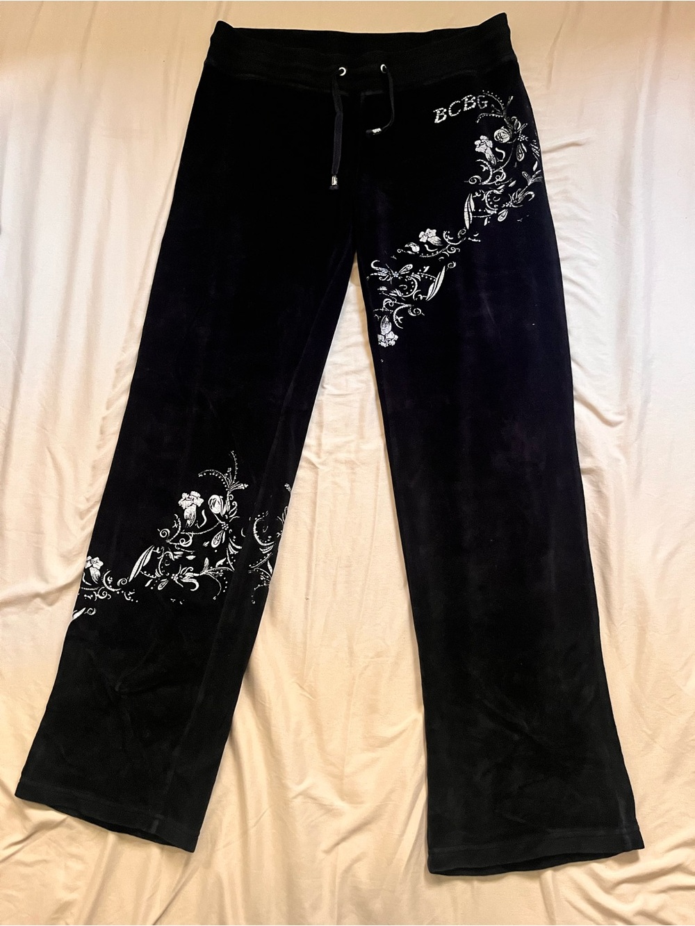 BCBG Black Velour Track Pants with Silver Floral Designs